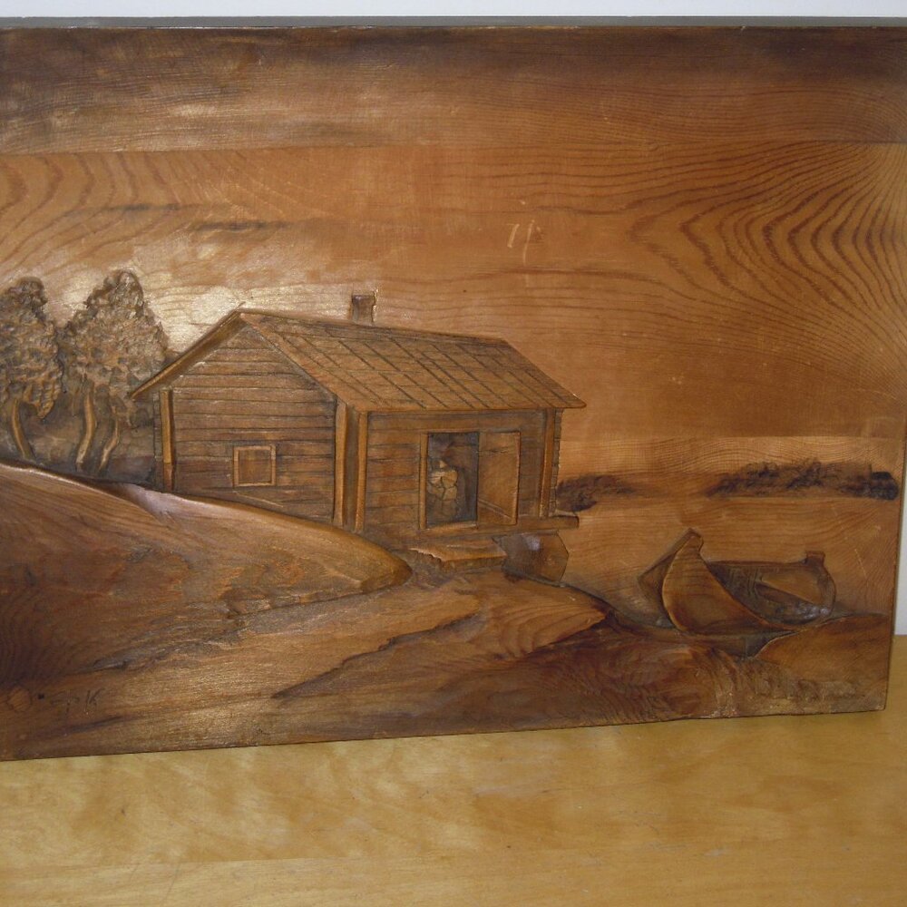 Vintage Wood Hand Carved Plaque Wall Art Picture Cabin Folk Art Decor Relief